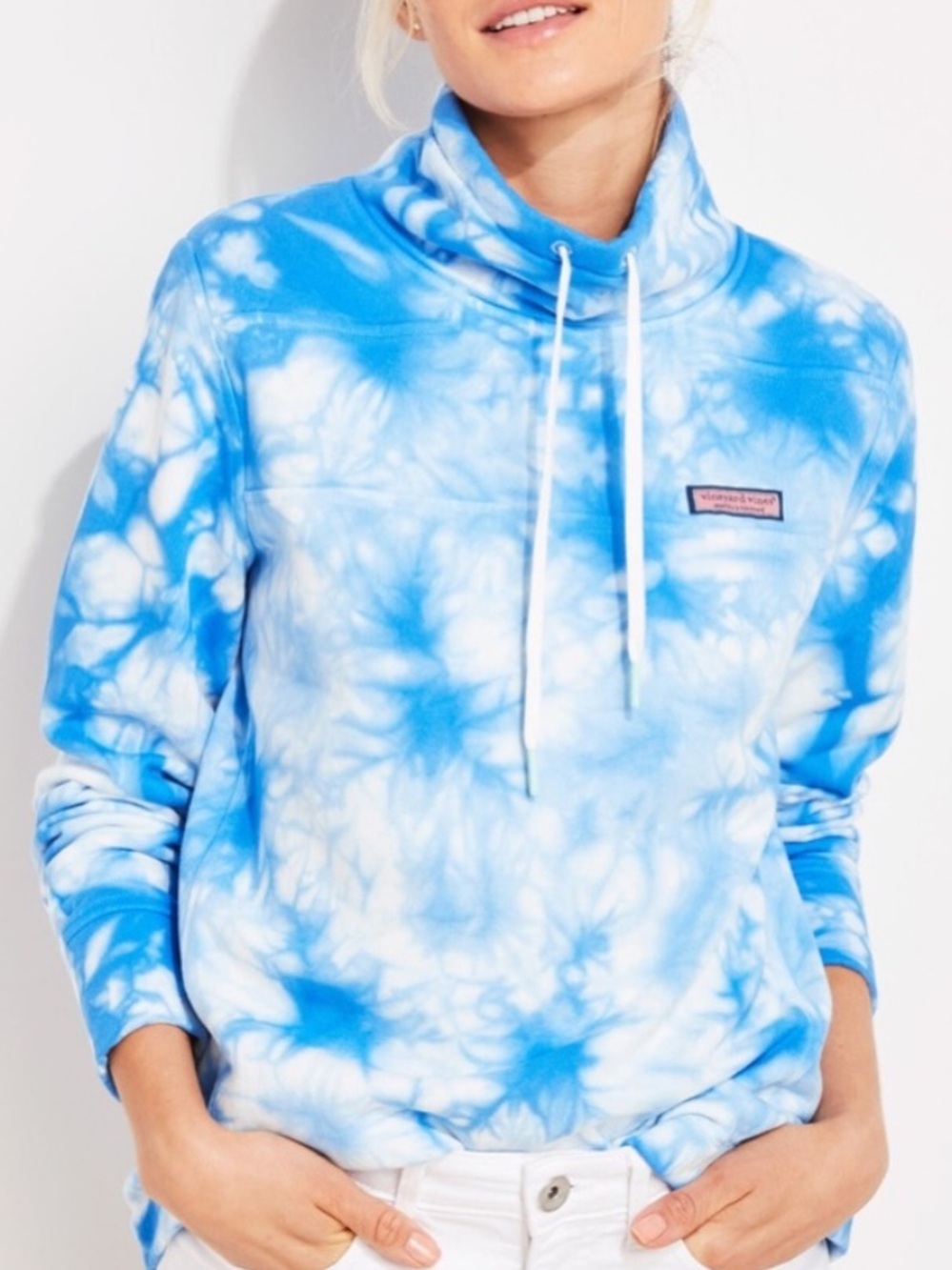 Vineyard Vines blue and white tie-dye funnel neck Shep Sweater